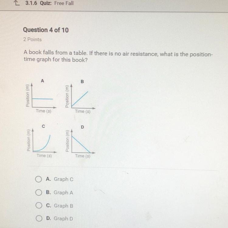 A book falls from a table. If there is no air resistance, what is the position- time-example-1