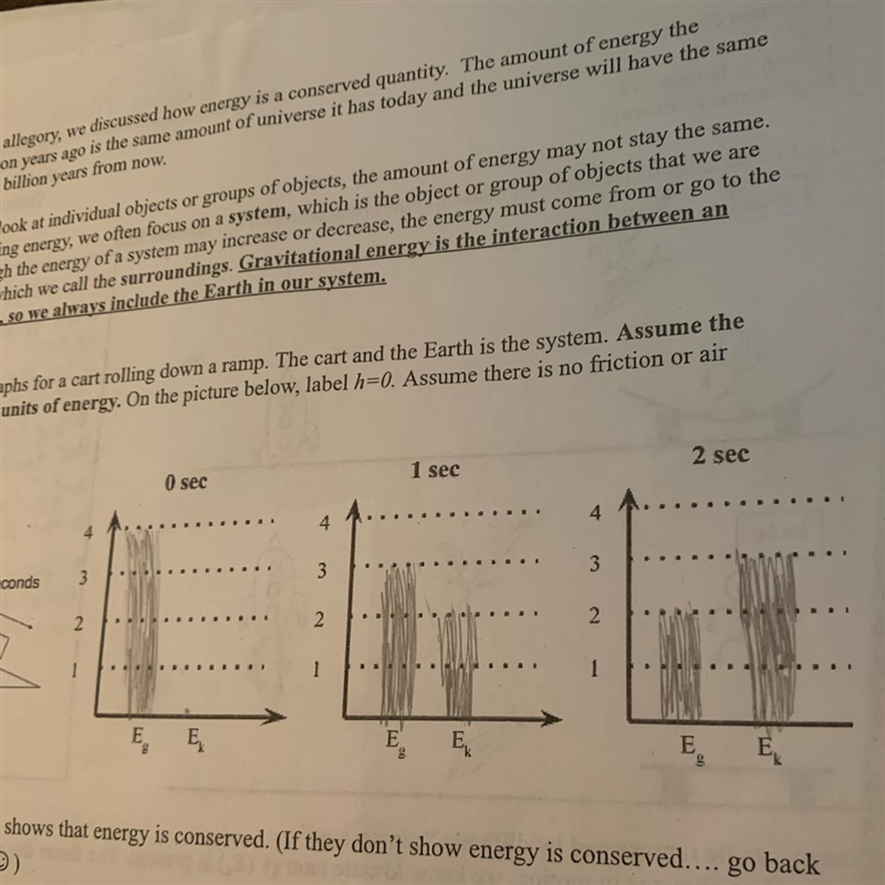 3. Create energy bar graphs for a cart rolling down a ramp. The cart and the Earth-example-1