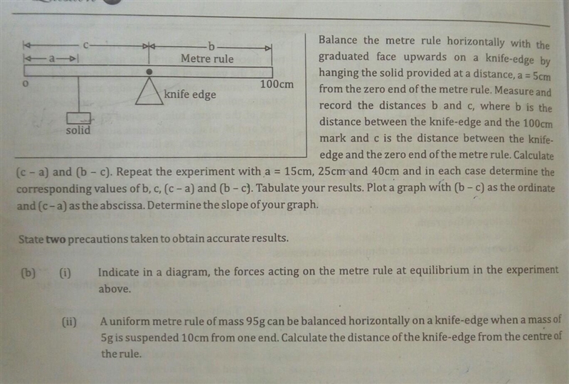 A uniform metre rule of mass 95g can be balanced horizontally on a knife-edge when-example-1