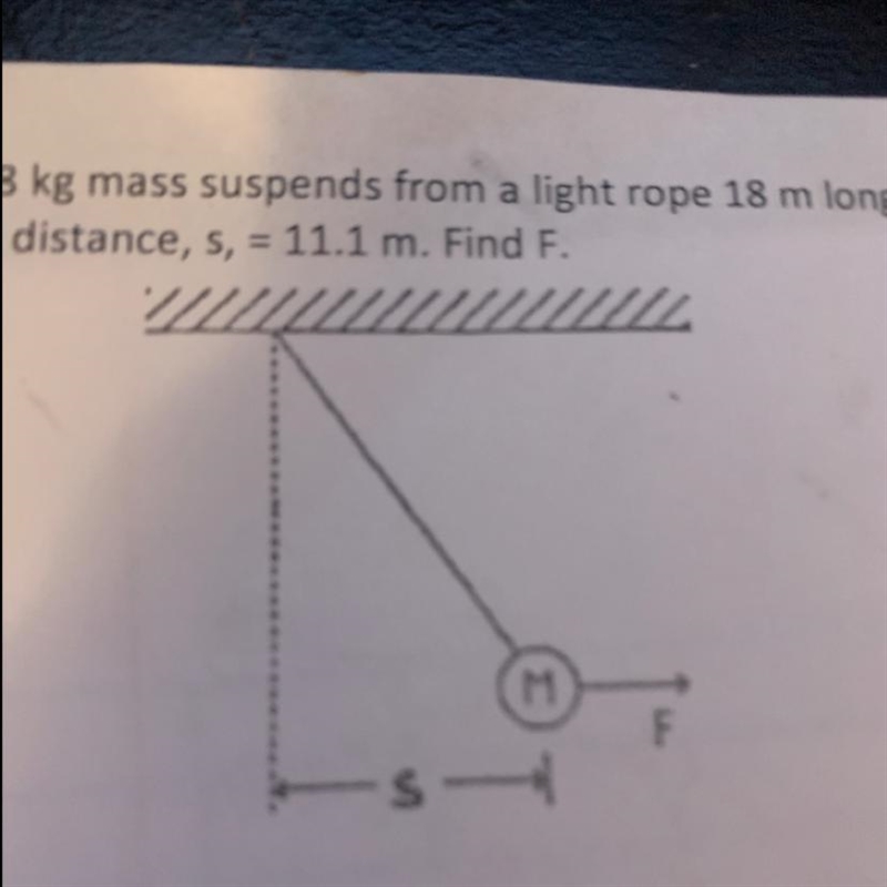 A 28 kg mass suspends from a light rope 18 m long & is held to one side by the-example-1