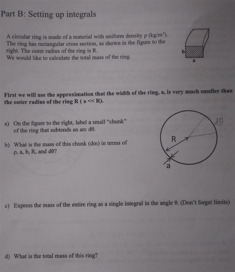 Part B: Setting up integrals A circular ring is made of a material with uniform density-example-1