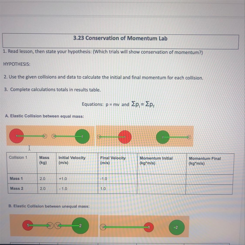 Helpppp me solve this Conservation of Momentum A.Elastic Collision between equal mass-example-1