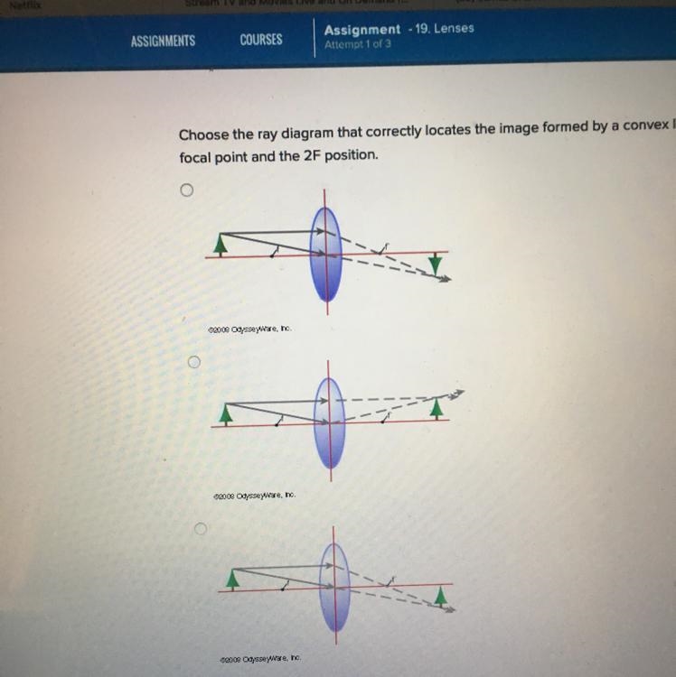 choose the ray diagram that correctly locates the image formed by a convex lens. the-example-1