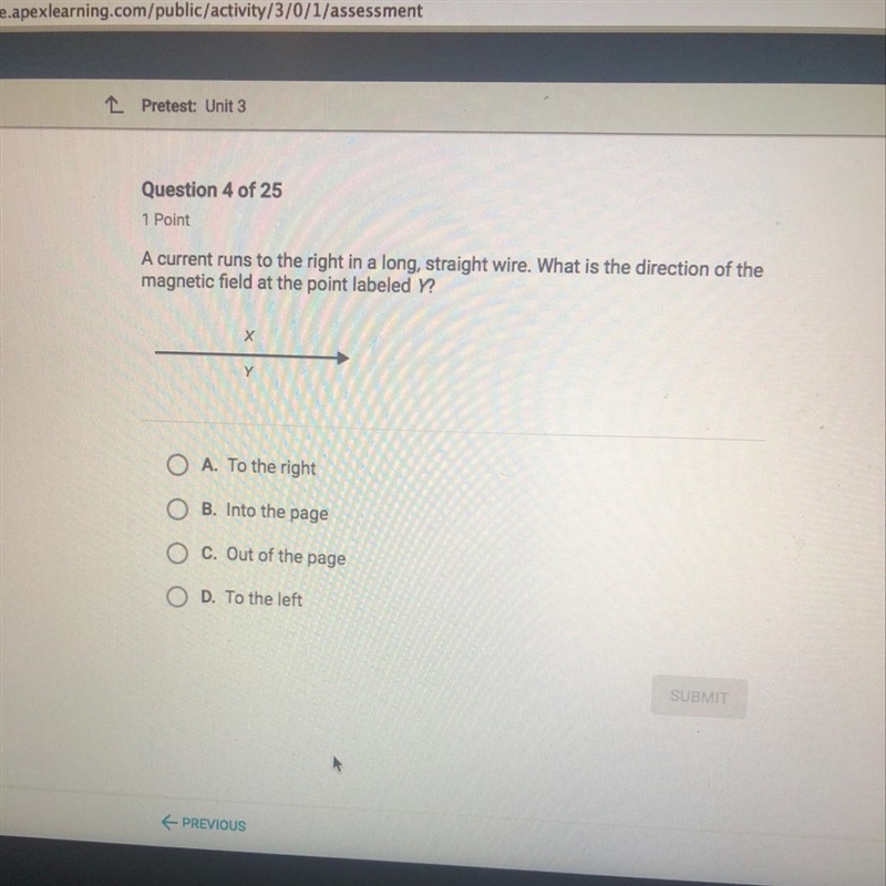 A current runs to the right in a long, straight wire. What is the direction of the-example-1