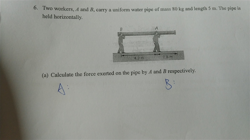 Calculate the force exerted on the pipe by A and B respectively.-example-1