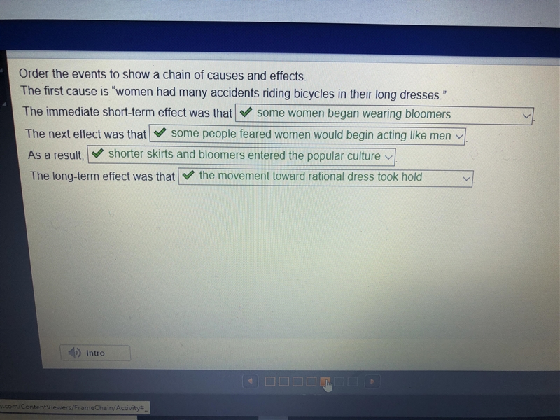 Order the events to show a chain of causes and effects. The first cause is "women-example-1