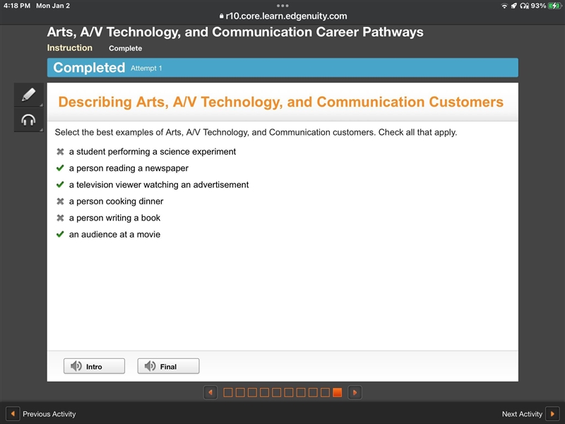 Select the best examples of Arts, A/V Technology, and Communication customers. Check-example-1