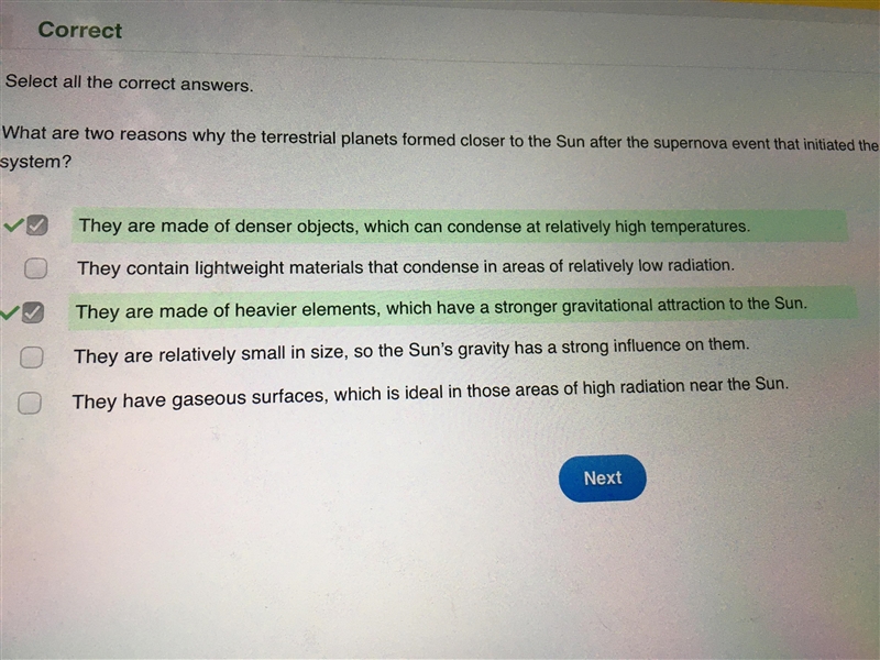 What are two reasons why the terrestrial planets formed closer to the Sun after the-example-1