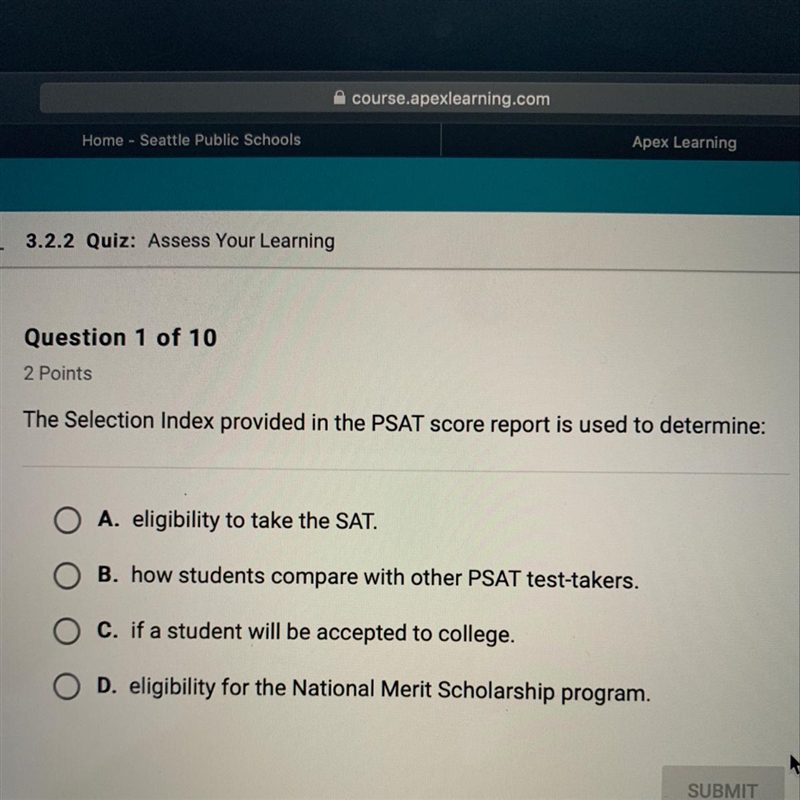 The selection index provided in the PSAT score report is used to determine-example-1