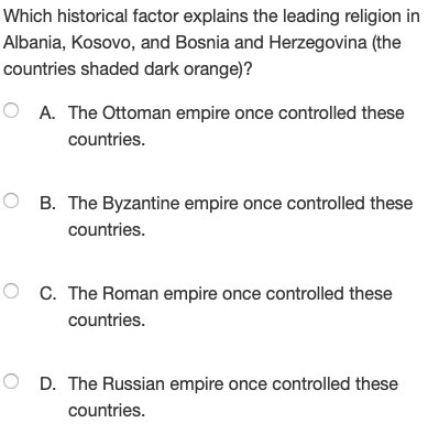 Which historical factor explains the leading religion in Albania, Kosovo, and Bosnia-example-2