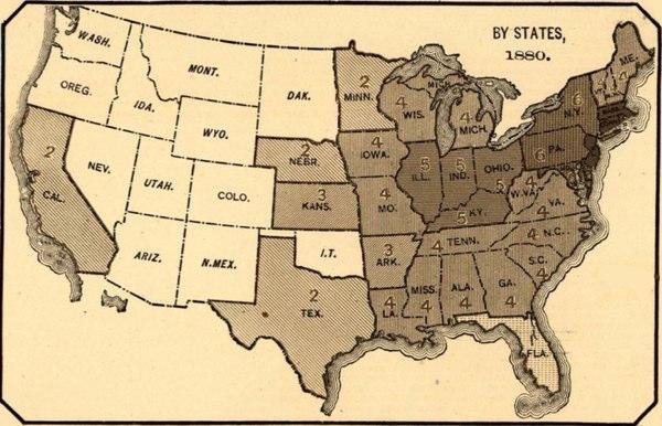 This map represents data from the 1880 U.S. Census. The darker the state the greater-example-1