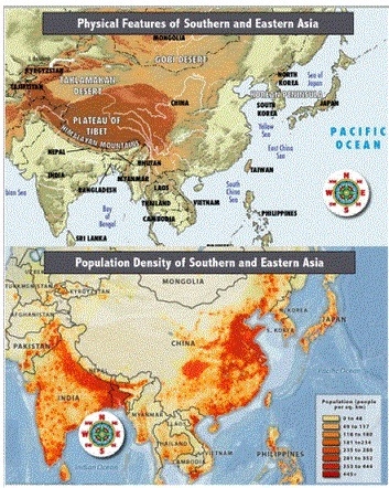 Using the map of the Population Density of Southern and Eastern Asia, what can you-example-1