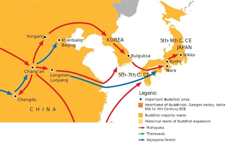 The spread of Buddhism from India to parts of Asia along the Asian trade routes is-example-1