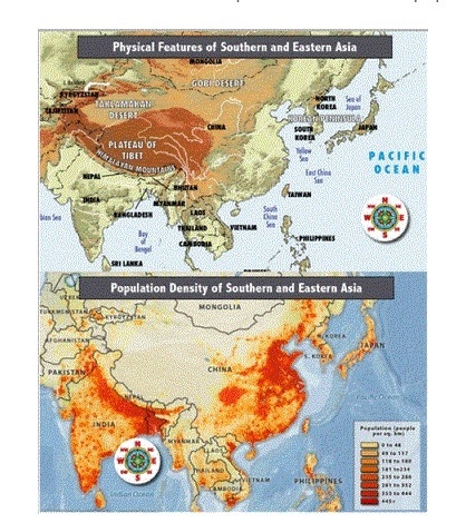 Using the map of the Population Density of Southern and Eastern Asia, what can you-example-1