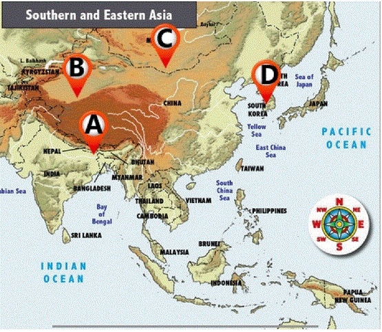 D C B A 1. Himalayan Mountains 2. Taklimakan Desert 3. Gobi Desert 4. Korean Peninsula-example-1