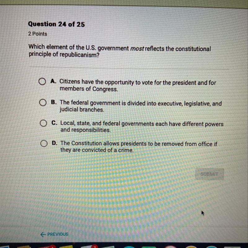 Which element of the U.S. government most reflects the constitutional principle of-example-1