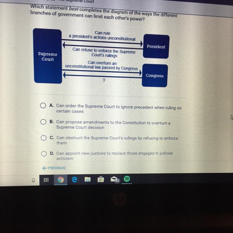 Which statement best completes the diagram of the ways the different branches of government-example-1