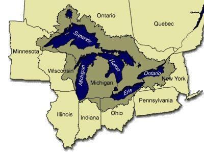 What is shown in blue in the image above? a. the Great Rivers c. the Five Lakes b-example-1