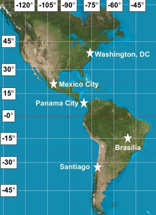 Which city has the approximate absolute location of 16°S, 48°W?-example-1