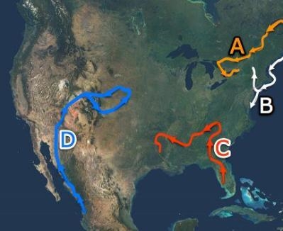 Which route is showing the path traveled by explorer Hernando de Soto? A) A B) B C-example-1