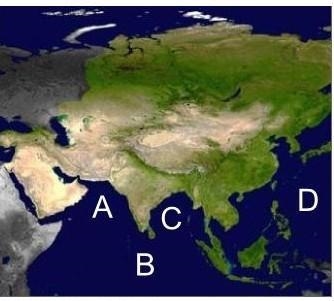 Where is the Bay of Bengal located on the map above? A. Letter A B. Letter B C. Letter-example-1