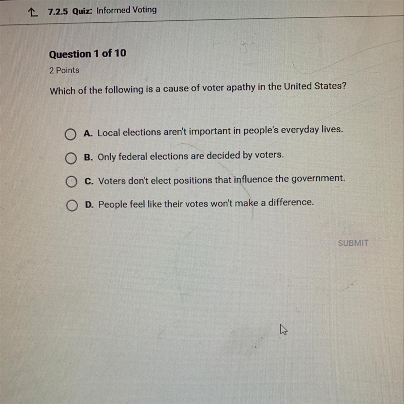 Which of the following is a cause of voter apathy in the United States?-example-1