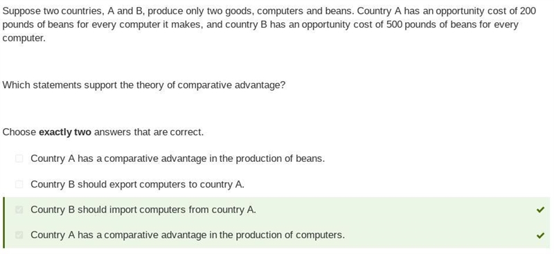 Suppose two countries, A and B, produce only two goods, computers and beans. Country-example-1