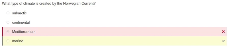 What type of climate is created by the Norwegian Current? A)continental B)Marine C-example-1