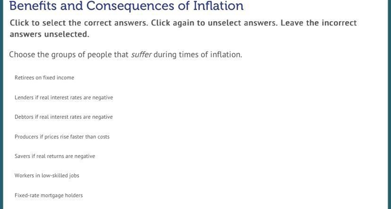 1,2,3,4,5,6,7? Choose the group of people that suffer during times of inflation ?-example-1