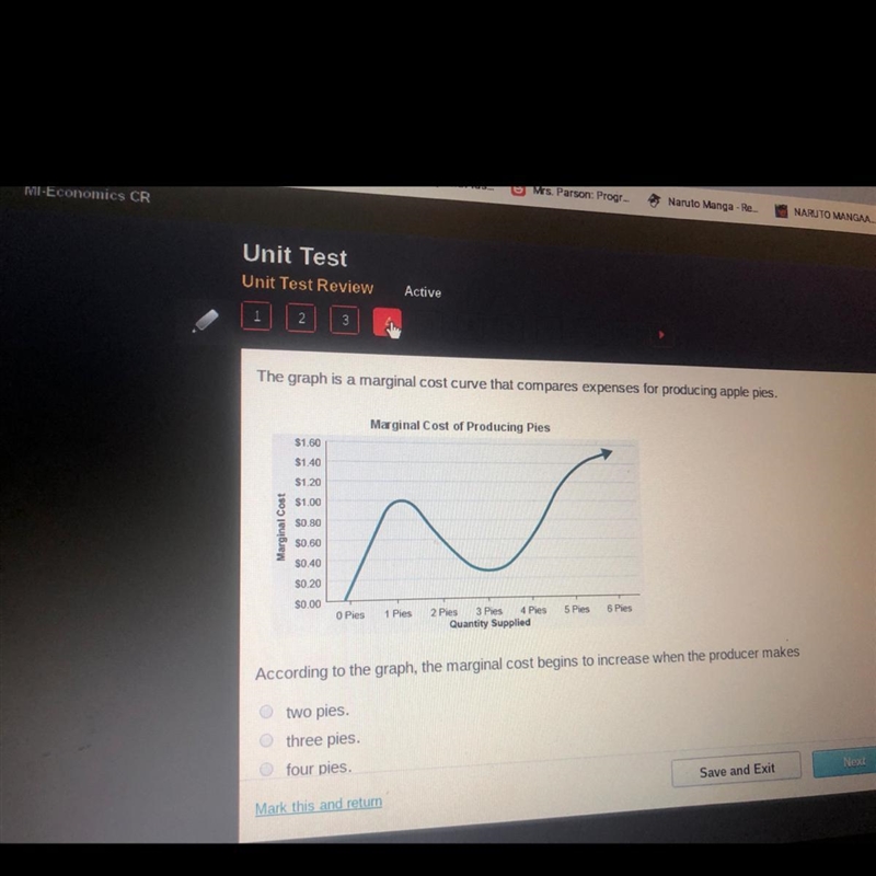 The graph is a marginal cost curve that compares expenses for producing apple pies-example-1