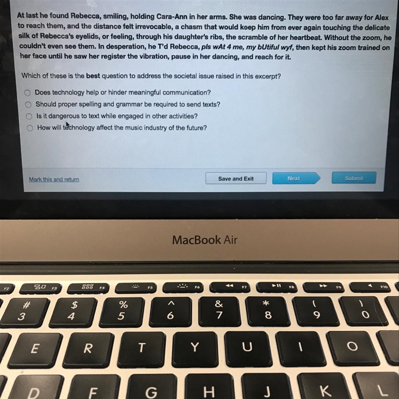 Which of this is the best question to address the societal issue in this excerpt?-example-1