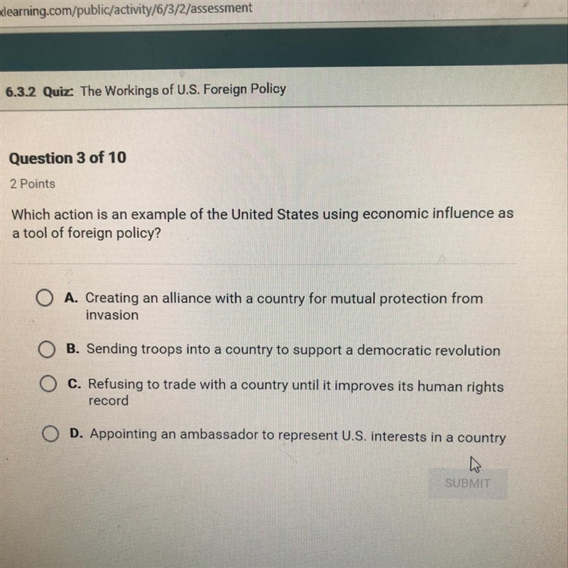 Which action is an example of the United States using economic influence as a tool-example-1