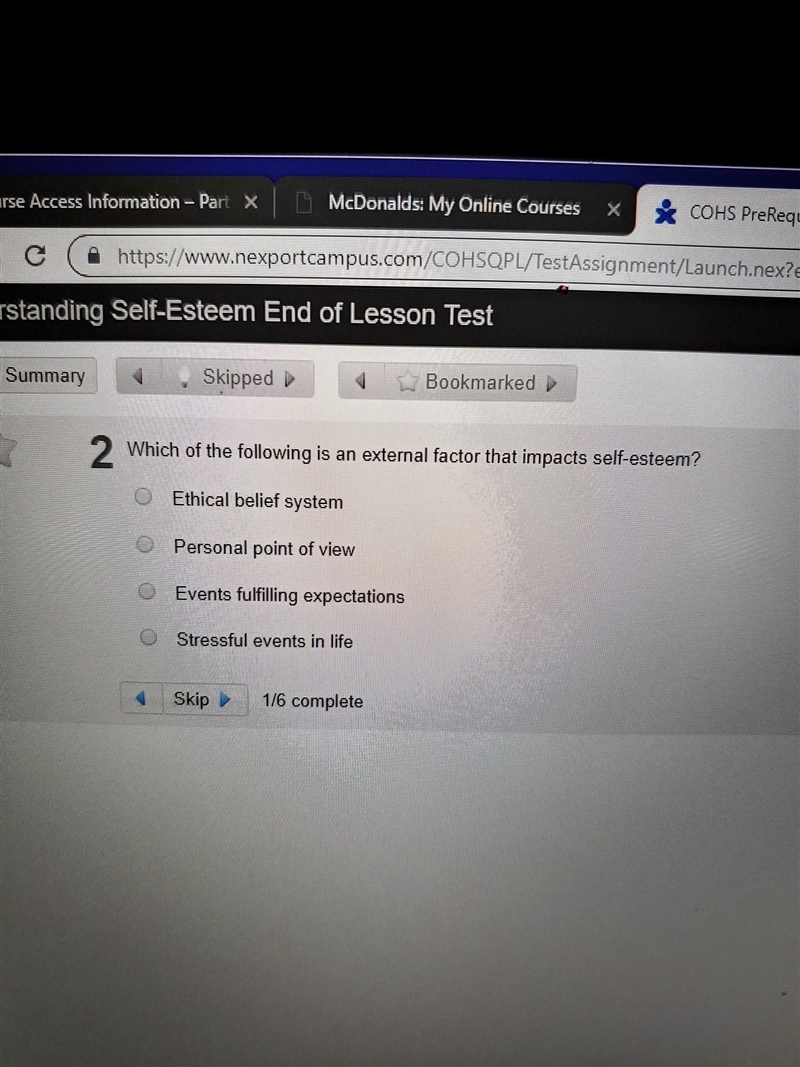 Which of the flowing is an external factor that impacts self esteem?-example-1