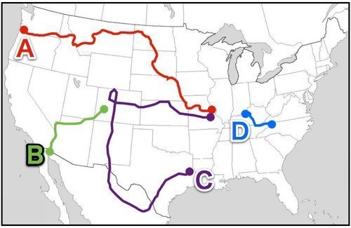 Which letter on the map represents the route taken by explorer Daniel Boone? A) B-example-1