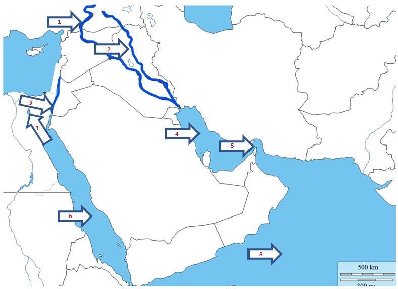 PLEASE HELP Tigris River Euphrates River Red Sea Jordan River Persian Gulf Suez Canal-example-1