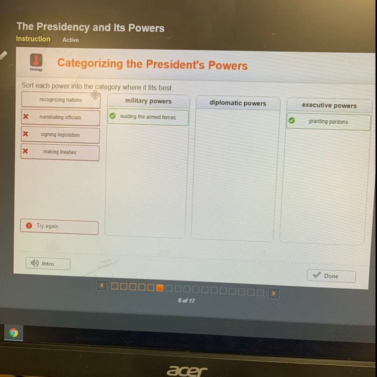 Categorizing the presidents powers: sort each power into the category where it fits-example-1