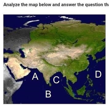 Where is the Indian Ocean located on the map above? A. Letter A B. Letter B C. Letter-example-1