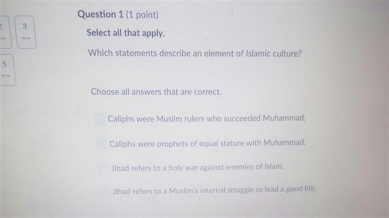 Which statment describe an element of Islamic culture-example-1