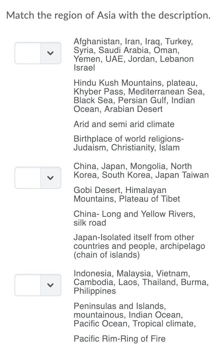 Match the region of Asia with the description.-example-1