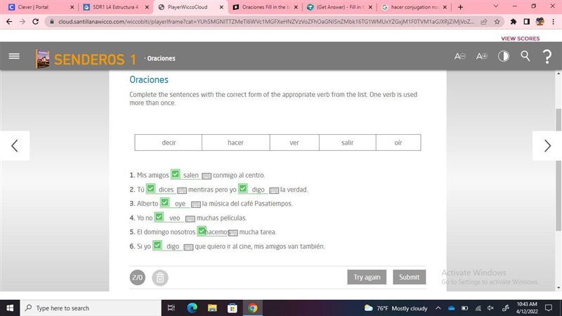 Oraciones Fill in the blanks Activity Textbook Instructions Complete the sentences-example-1