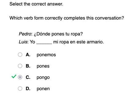 En este armario yo __________ mis maletas. A. pone B. ponen C. pones D. pongo-example-1