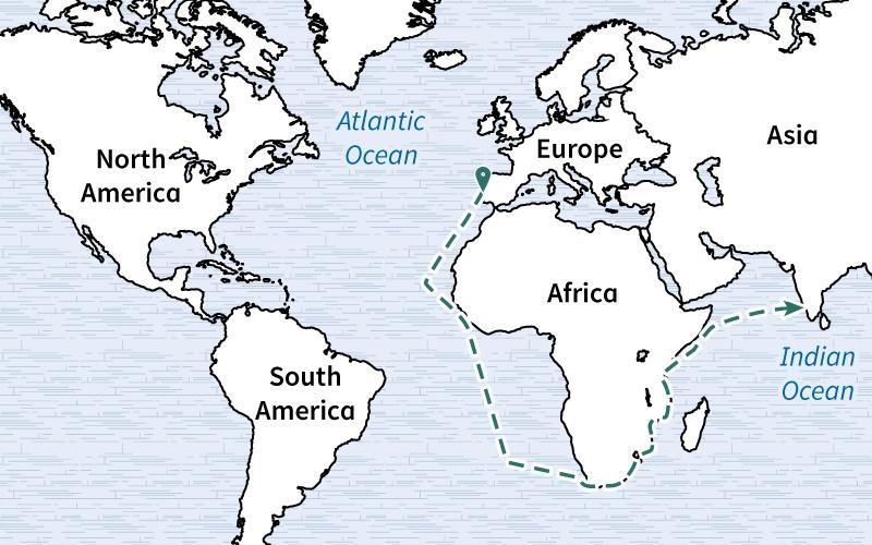 Which explorer's routes are shown on the map? A. Columbus's B. Coronado's C. da Gama-example-1