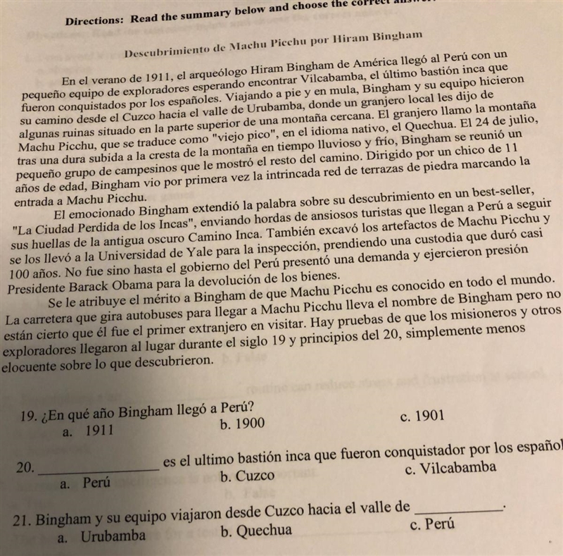 Dont read spanish n I tried doing it . Need help with 19- 25. Spanish 2 22. Macu picchu-example-1