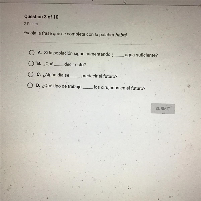 I’m doing a Spanish study guide. I’m having trouble answering this question-example-1