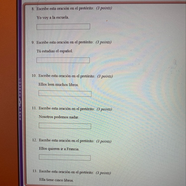 Please help with 8-13???? These are Spanish questions asking to write the sentences-example-1