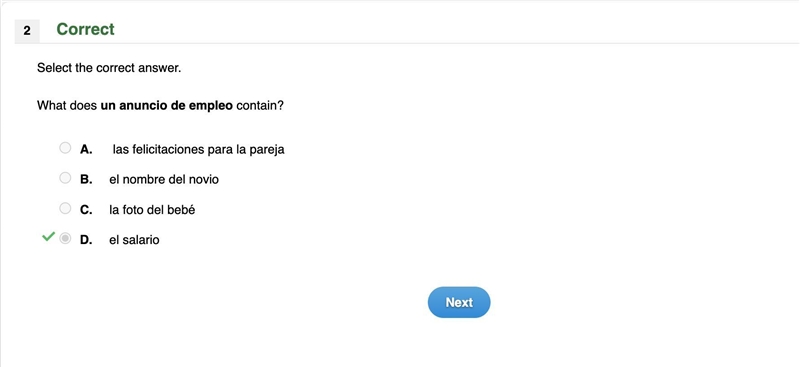 What does un anuncio de empleo contain? A. las felicitaciones para la pareja B. el-example-1