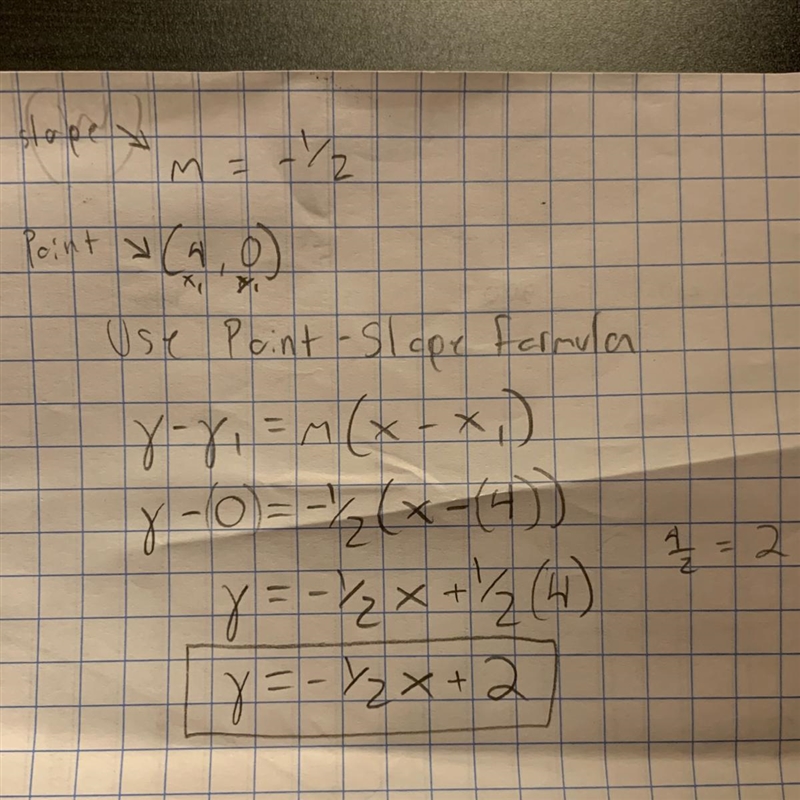 What equation represents a line that has a slope of -1/2 and passes through the point-example-1