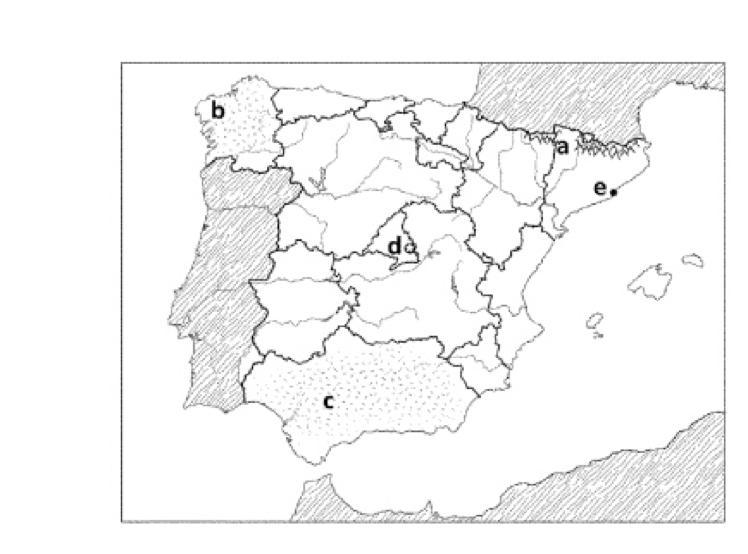 Using the online map, match each letter on the map of Spain with the name of the place-example-1