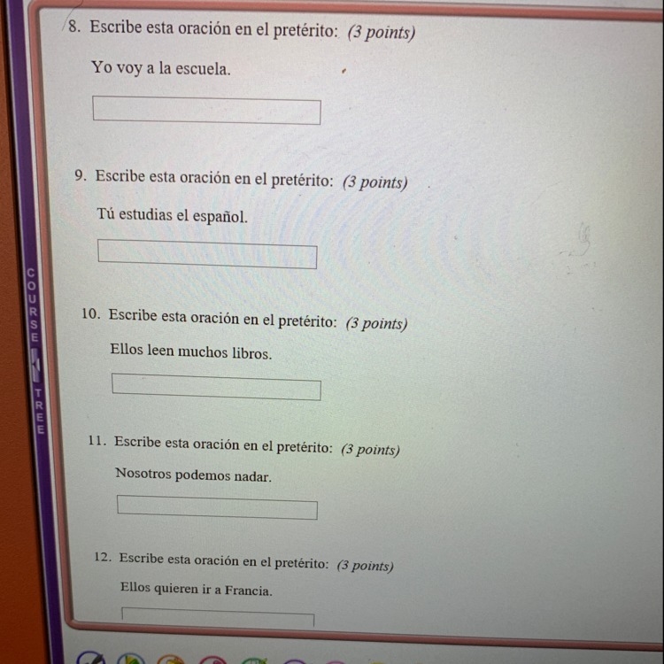 Help with Spanish questions 8-12???? Please help me! I have to pass...-example-1