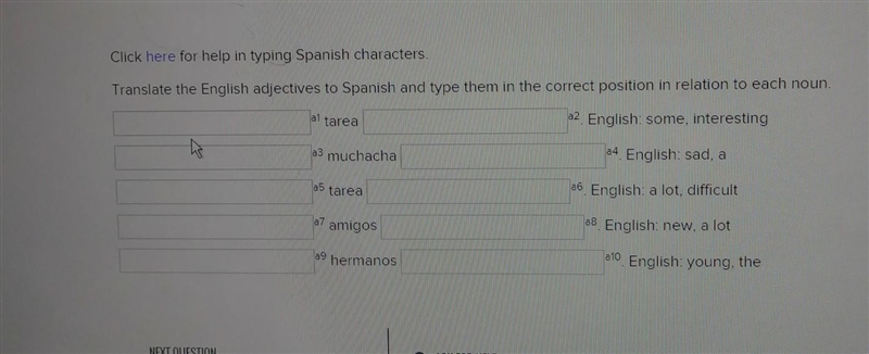 Click here for help in typing Spanish characters. Translate the English adjectives-example-1